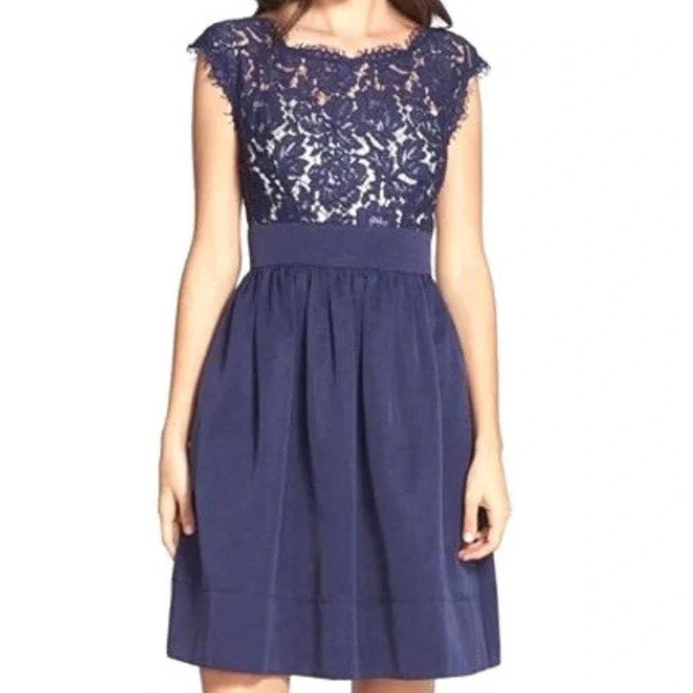 eliza j lace & faille dress Eliza J Lace & Faille Dress Women's 10 Navy
